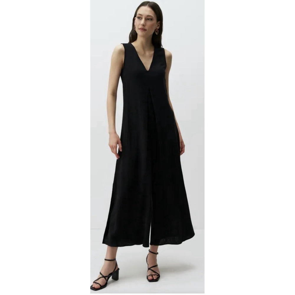 Jimmy Key Black Linen Blend‎ Wide Leg Jumpsuit V-neck Breezy Size S Sleeveless